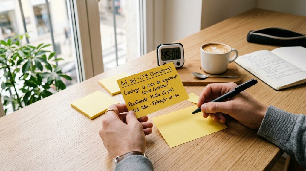 Fotografia em perspectiva de primeira pessoa mostrando as mãos de uma pessoa segurando e escrevendo em um post-it amarelo com uma caneta preta. No post-it, lê-se um resumo de estudo: "Art. 161 - CTB (Infrações) Conduzir s/ cinto de segurança (cond./passag.) Penalidade: Multa (5 pts) Med. Adm.: Retenção p/ uso." A cena se passa sobre uma mesa de madeira clara próxima a uma janela. Ao fundo, estão um cronômetro digital marcando "45:00", uma xícara de café com latte art, um caderno de anotações aberto e um pequeno vaso de planta.