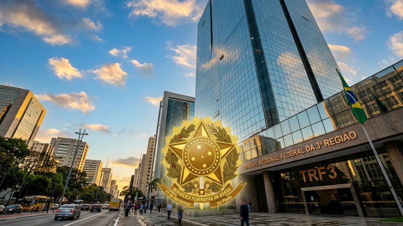 Fachada imponente do prédio do Tribunal Regional Federal da 3ª Região (TRF3), um arranha-céu espelhado em uma avenida movimentada. Centralizado na imagem, o Brasão da República Federativa do Brasil aparece em destaque dourado sobreposto à arquitetura.