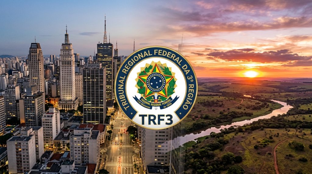 Imagem composta que divide a tela entre a selva de pedra de São Paulo (à esquerda, com o prédio do Banespa) e o pÓr do sol em uma paisagem natural com um rio, representando o Mato Grosso do Sul (à direita). No centro, o selo circular do TRF3 une as duas regiões.