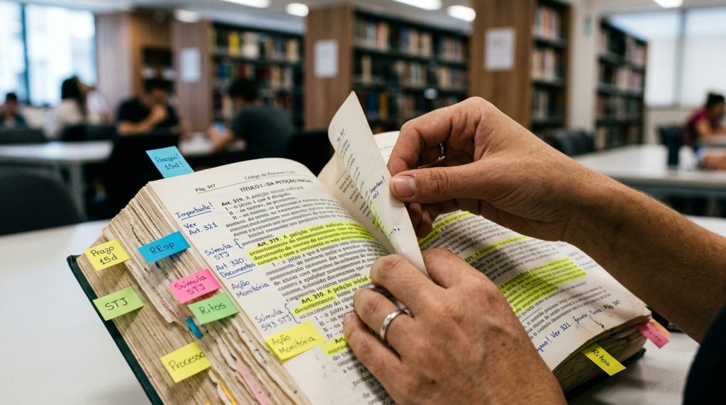 Close-up das mãos de um estudante manuseando um Vade Mecum (livro de leis) extremamente usado. As pÔginas estão repletas de marcações com marca-texto amarelo e dezenas de etiquetas coloridas (post-its) que sinalizam prazos, súmulas e ritos processuais.