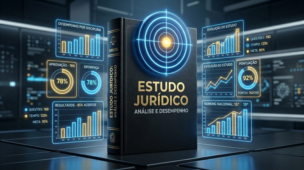 Imagem digital e futurista mostrando um livro preto em pé no centro com o título "ESTUDO JURÍDICO: ANÁLISE E DESEMPENHO" em letras douradas. Sobre a capa do livro, há um símbolo de alvo brilhante em azul neon. Ao redor do livro, flutuam diversos painéis holográficos luminosos em tons de azul e amarelo exibindo gráficos e métricas de estudo, como "Desempenho por Disciplina" (gráfico de barras), "Aprovação - 78%" (gráfico circular), "Resultados - 85% Acertos", "Evolução do Estudo" (gráfico de linhas), "Pontuação 92%" e "Ranking Nacional: 15º". O fundo é escuro e tecnológico, sugerindo um ambiente avançado de análise de dados.