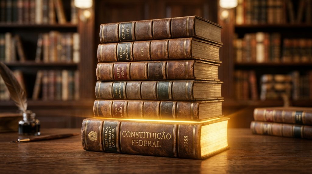 Fotografia conceitual de uma pilha de livros jurídicos clássicos, com capas de couro marrom e detalhes em dourado, apoiados sobre uma mesa de madeira em uma biblioteca. Na base da pilha, um livro mais grosso brilha intensamente com uma luz dourada mágica emanando de suas páginas; sua lombada exibe o título "REPÚBLICA FEDERATIVA DO BRASIL - CONSTITUIÇÃO FEDERAL - 1988". Empilhados sobre ele estão volumes menores com os títulos "Direito do Trabalho", "Direito Administrativo", "Direito Penal", "Código de Processo Civil" e "Código Civil". À esquerda, repousa um tinteiro antigo com uma pena. Ao fundo, estantes de madeira repletas de livros aparecem em um desfoque suave.