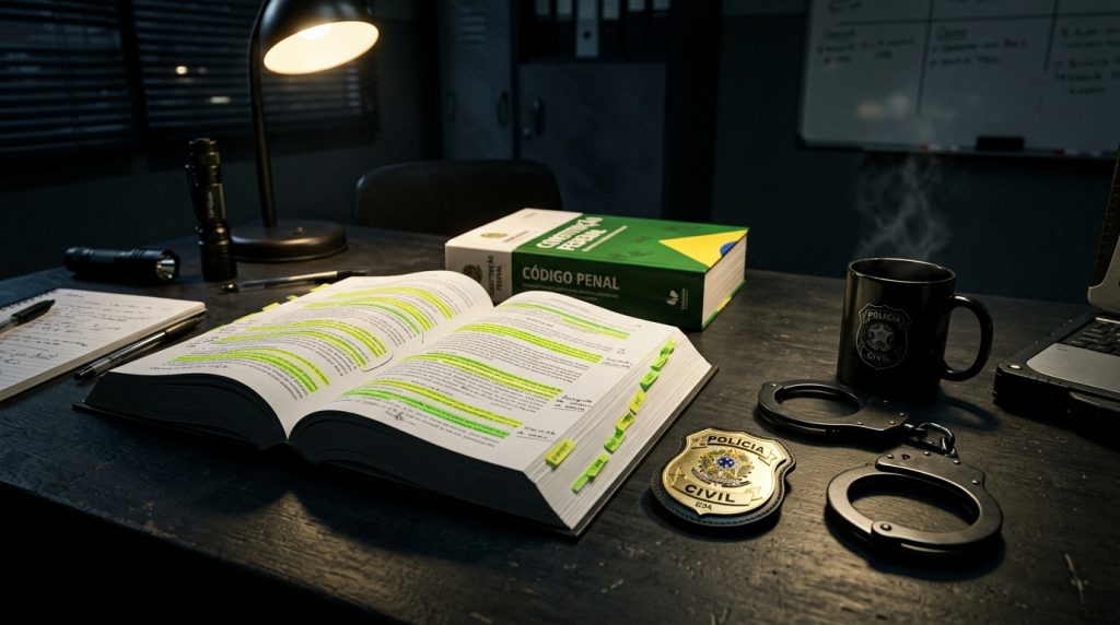 Fotografia de uma mesa de escritório escurecida, com um clima de investigação noturna, iluminada pelo foco amarelado de uma luminária de mesa. No centro, há um livro grosso aberto com diversas linhas de texto destacadas em marca-texto verde fluorescente. Logo atrás dele, repousa um Vade Mecum fechado, com capa nas cores verde e amarela, exibindo os títulos "CONSTITUIÇÃO FEDERAL" e "CÓDIGO PENAL". À direita do livro, há uma caneca preta de onde sai vapor, estampada com o brasão da "POLÍCIA CIVIL", um distintivo dourado também da "POLÍCIA CIVIL" e um par de algemas pretas de metal. À esquerda, compõem a mesa um caderno de anotações manuscritas, uma caneta e uma pequena lanterna tática.