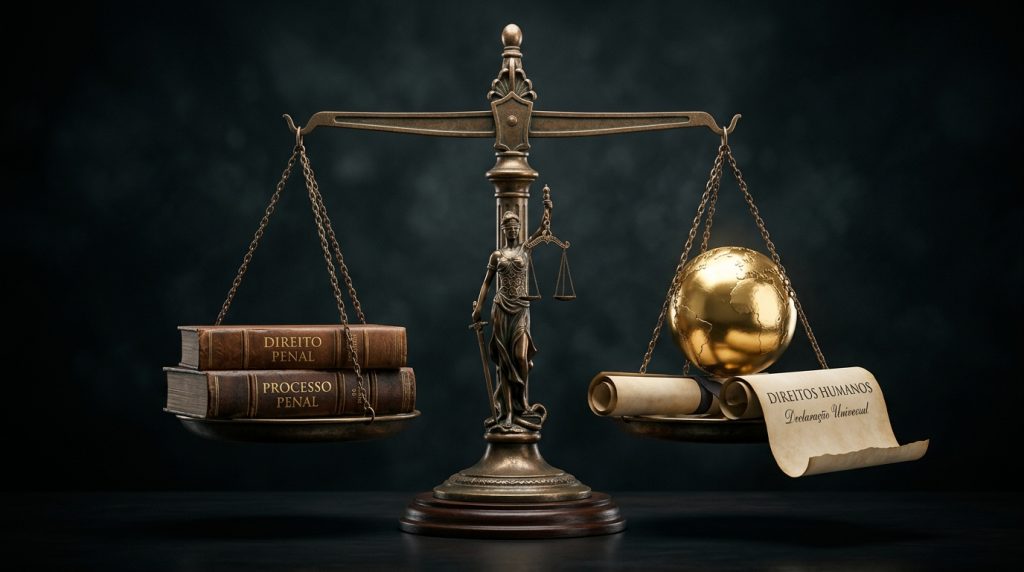 Imagem conceitual em estilo 3D mostrando uma balança da justiça clássica de bronze em perfeito equilíbrio, contra um fundo escuro e texturizado. A haste central da balança é esculpida como a figura da deusa Têmis (a Justiça), vendada e segurando uma espada. No prato da esquerda, encontram-se dois grossos livros de capa de couro marrom com os títulos "DIREITO PENAL" e "PROCESSO PENAL" gravados em dourado. No prato da direita, pesando exatamente o mesmo que os livros, há um globo terrestre dourado repousando sobre um pergaminho antigo desenrolado, que exibe a inscrição "DIREITOS HUMANOS" e "Declaração Universal".