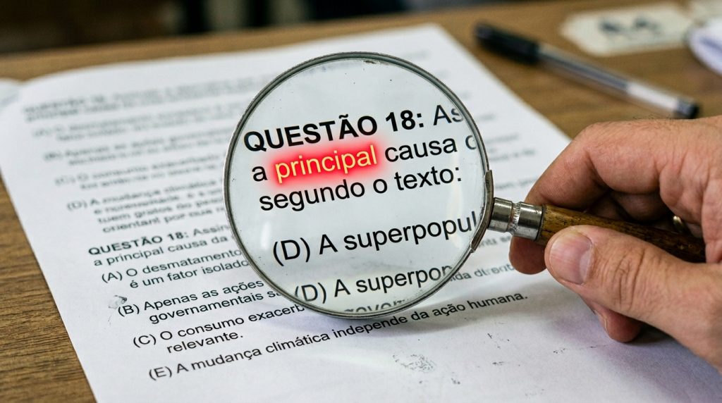 Fotografia em close-up de uma mão masculina segurando uma lupa clássica com aro de metal sobre uma prova impressa de múltipla escolha. A lente da lupa amplia o enunciado da "QUESTÃO 18" e dá um destaque especial à palavra "principal", que aparece iluminada em vermelho incandescente. Abaixo da palavra destacada, lê-se "segundo o texto:" e parte da alternativa "(D) A superpopul". O restante da folha da prova, que está fora da área da lupa, aparece levemente desfocado, exibindo outras alternativas (A, B, C, E) referentes a temas como desmatamento e mudança climática. Parte de uma caneta é visível no fundo desfocado, à direita.