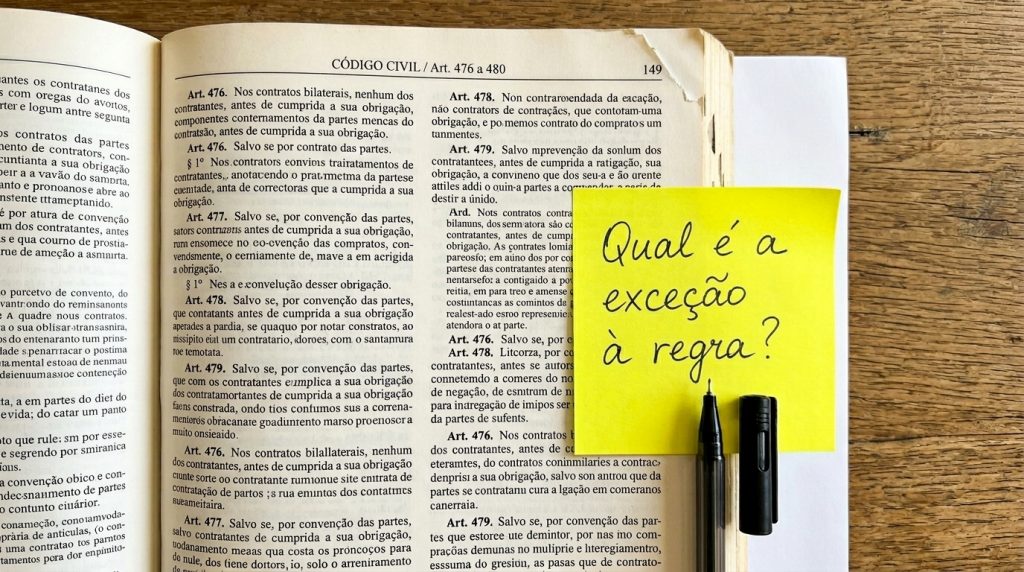 Fotografia vista de cima de um livro jurídico aberto na seção "CÓDIGO CIVIL / Art. 476 a 480" apoiado sobre uma mesa de madeira rústica. Sobre o texto da página direita, há um post-it amarelo vibrante com uma pergunta escrita à mão em letra cursiva preta: "Qual é a exceção à regra?". Uma caneta preta destampada repousa verticalmente ao lado do post-it.