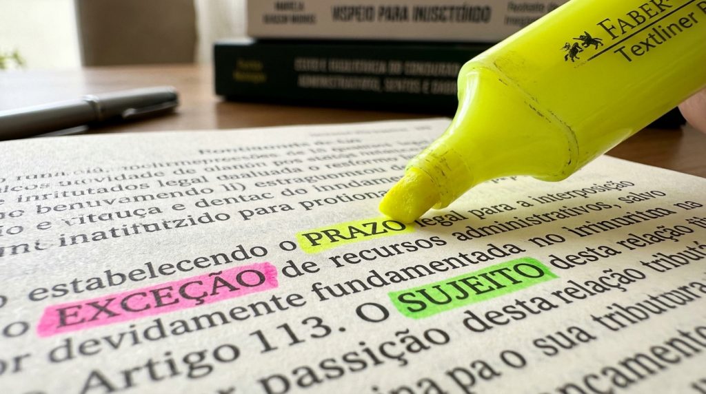 Fotografia em macro (close-up extremo) focada na ponta de um marca-texto amarelo deslizando sobre uma página impressa para destacar a palavra "PRAZO". No mesmo parágrafo, outras palavras-chave já receberam marcações com cores diferentes: "EXCEÇÃO" está destacada em rosa e "SUJEITO" em verde. O texto visível menciona termos como "recursos administrativos" e "Artigo 113". Ao fundo, levemente desfocada, há uma caneta metálica sobre a mesa.