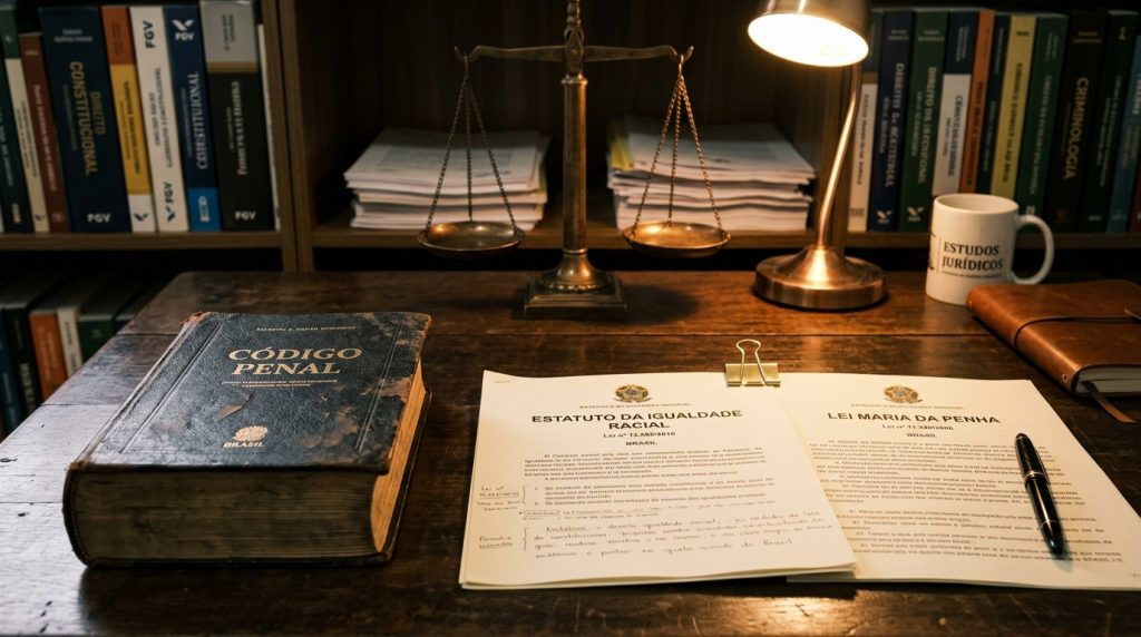Fotografia de uma mesa de estudos de madeira clássica, iluminada pela luz quente de uma luminária de mesa. À esquerda, destaca-se um livro muito grosso e antigo, de capa escura e bastante gasta, com o título "CÓDIGO PENAL - BRASIL" em letras douradas. No centro, repousam documentos impressos presos por um clipe metálico, exibindo os cabeçalhos "ESTATUTO DA IGUALDADE RACIAL" e "LEI MARIA DA PENHA", com algumas anotações manuscritas nas margens esquerda. Sobre os papéis, há uma caneta-tinteiro preta. À direita, completam a mesa um caderno encadernado em couro marrom e uma caneca branca com a inscrição "ESTUDOS JURÍDICOS". Ao fundo, centralizada, há uma balança da justiça de bronze, ladeada por pilhas de papéis e estantes repletas de livros jurídicos.