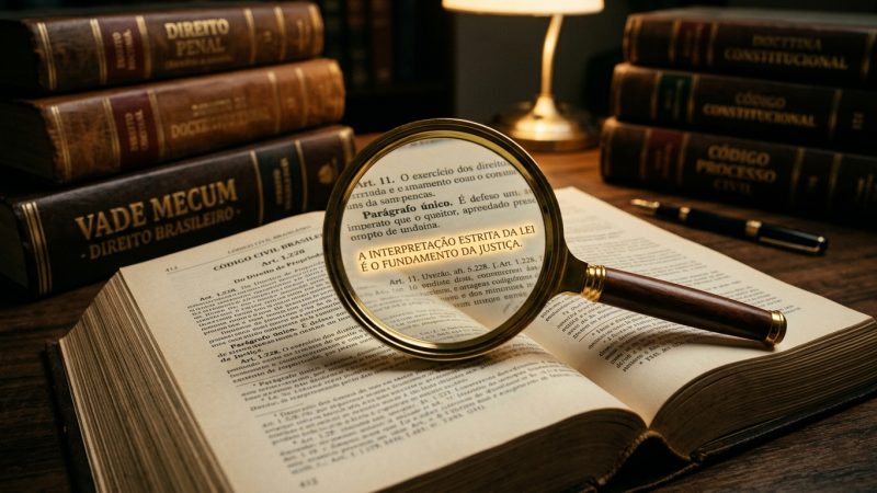 Fotografia com iluminação quente e tom amadeirado mostrando uma lupa clássica, com cabo de madeira e aro dourado, apoiada sobre as páginas abertas de um livro onde se lê "CÓDIGO CIVIL BRASILEIRO". Através da lente da lupa, o texto impresso na página é substituído por uma frase em letras douradas e brilhantes que diz: "A INTERPRETAÇÃO ESTRITA DA LEI É O FUNDAMENTO DA JUSTIÇA.". Ao redor do livro aberto, sobre a mesa rústica, repousam uma caneta-tinteiro preta e dourada e outros livros jurídicos robustos, com destaque para a lombada de um "VADE MECUM - DIREITO BRASILEIRO" à esquerda. O ambiente remete ao estudo clássico e aprofundado do direito.