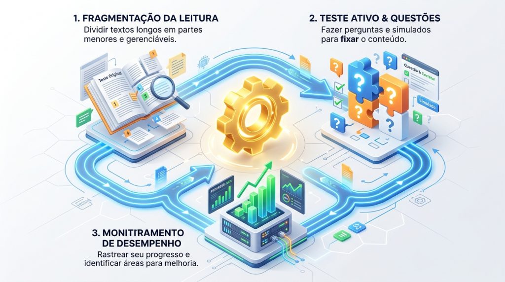 Infográfico digital em estilo isométrico ilustrando um ciclo de estudos em três etapas, conectadas por setas azuis contÃnuas em torno de uma engrenagem dourada central. A etapa 1, à esquerda, chama-se "Fragmentação da Leitura: Dividir textos longos em partes menores e gerenciáveis", ilustrada por um livro com páginas sendo extraÃdas. A etapa 2, à direita, é "Teste Ativo & Questões: Fazer perguntas e simulados para fixar o conteúdo", ilustrada por peças de quebra-cabeça com pontos de interrogação e uma janela de simulado. A etapa 3, na parte inferior, é "Monitoramento de Desempenho: Rastrear seu progresso e identificar áreas para melhoria", ilustrada por um servidor de computador com um gráfico de barras verde em ascensão.