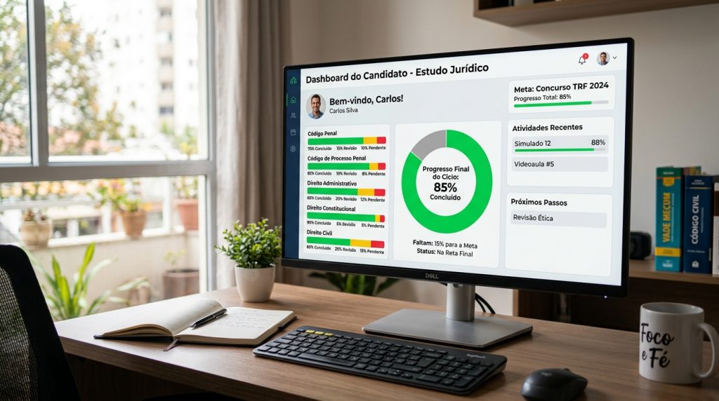 Um monitor de computador sobre uma mesa de escritório em um ambiente claro, próximo a uma janela. A tela exibe um painel de controle chamado "Dashboard do Candidato - Estudo JurÃdico", mostrando boas-vindas ao usuário Carlos. O painel destaca um gráfico circular verde indicando "Progresso Final do Ciclo: 85% ConcluÃdo", barras de progresso detalhadas para disciplinas como Código Penal e Direito Civil, além de listas de atividades recentes e próximos passos. Sobre a mesa de madeira, há um teclado, mouse, um caderno aberto com uma caneta, uma caneca branca com a inscrição "Foco e Fé" e alguns livros de direito empilhados, como o Vade Mecum.