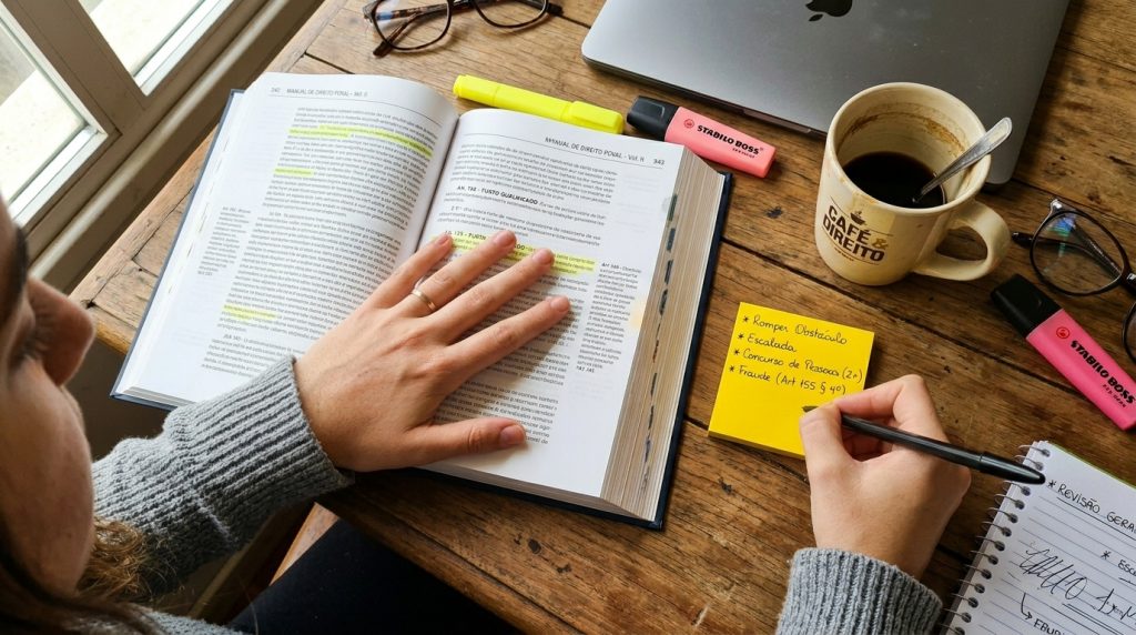 Fotografia vista de cima de uma pessoa estudando em uma mesa de madeira rústica próxima a uma janela. A pessoa apoia a mão esquerda sobre um livro jurídico grosso e aberto, com trechos destacados em marca-texto amarelo, e com a mão direita escreve com uma caneta em um post-it amarelo. No post-it, leem-se anotações como "Romper Obstáculo", "Escalada" e "Fraude (Art 155 § 4º)". Ao redor do livro, há uma caneca de café com a inscrição "Café & Direito", marca-textos amarelo e rosa, óculos de grau, um caderno espiral com anotações e um notebook cinza fechado.