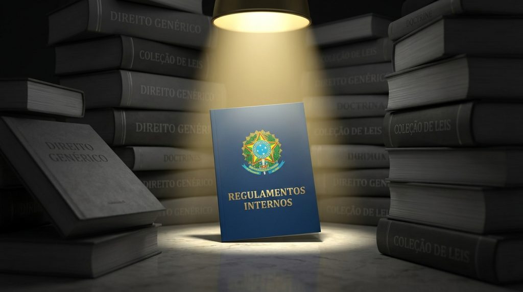 Imagem conceitual e dramática mostrando um livro em pé no centro, iluminado por um forte foco de luz amarela vindo de cima, contrastando com o ambiente escuro. A capa do livro iluminado é azul, exibe o brasão da República do Brasil em dourado e o título "REGULAMENTOS INTERNOS". Ao redor do livro central, em penumbra, erguem-se altas pilhas de livros grossos em tons de cinza escuro, com títulos genéricos e apagados nas lombadas, como "DIREITO GENÉRICO" e "COLEÇÃO DE LEIS".