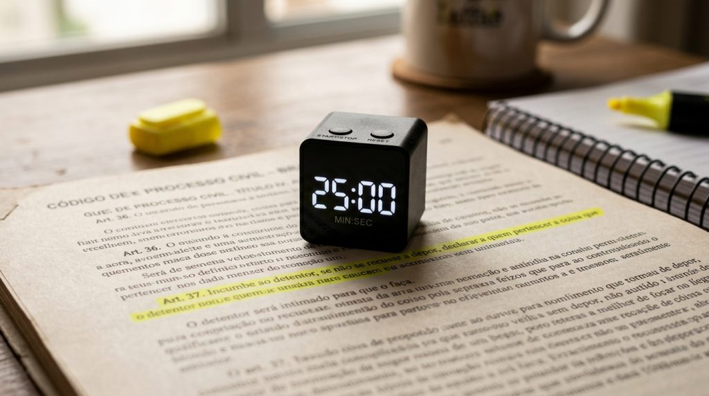Fotografia em close-up de um cronômetro digital preto em formato de cubo apoiado sobre a página de um livro aberto. O visor do cronômetro exibe os números "25:00" em branco brilhante, referindo-se a minutos e segundos, remetendo à técnica Pomodoro. O livro sob o cronômetro é o "Código de Processo Civil", e um dos artigos da página está destacado com marca-texto amarelo. O fundo da imagem é suavemente desfocado, mostrando uma mesa de estudos com um caderno em espiral, marca-textos e uma caneca.