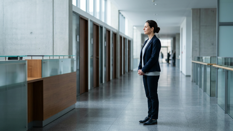 mulher em corredor administrativo iluminado aguardando etapa do Concurso Sefaz SC