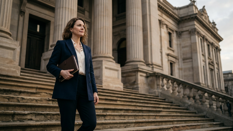 candidata em frente a prédio público com agenda fechada em manhã clara (Concurso TJ MG Juiz)