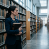 candidata em biblioteca segurando livro fechado para estudar concurso SEFAZ SC