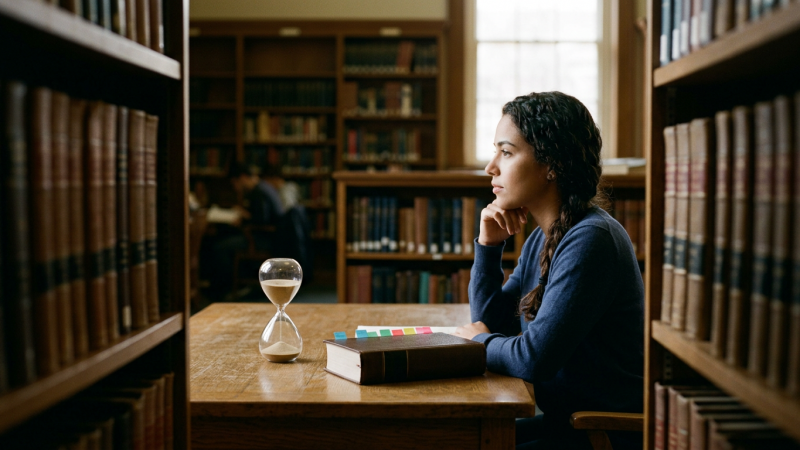 candidata em biblioteca jurídica com livro fechado, marcadores coloridos e ampulheta sobre a mesa (Prova OAB 46 (2ª Fase): acompanhe a Revisão de Véspera!)