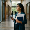 candidata conferindo celular em corredor acadêmico antes de prova jurídica (Edital OAB 46)