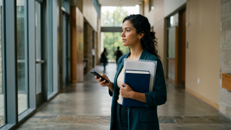 candidata conferindo celular em corredor acadêmico antes de prova jurÃdica (Edital OAB 46)
