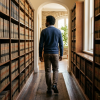 candidato caminhando por corredor de biblioteca jurídica com livros sem identificação (Concurso Delegado MA)