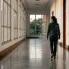 candidato caminhando em corredor de prédio público com mochila e luz lateral (concursos federais)