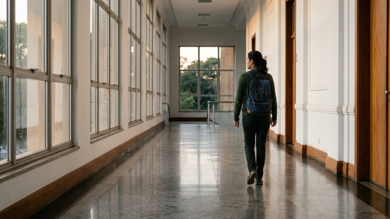 candidato caminhando em corredor de prédio público com mochila e luz lateral (concursos federais)