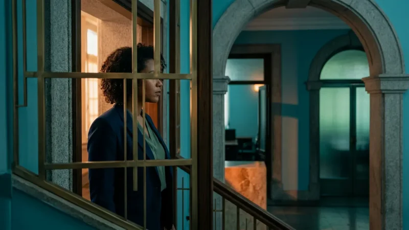 Mulher em perfil diante de vãos de um fórum, com luz quente e sombras arquitetônicas