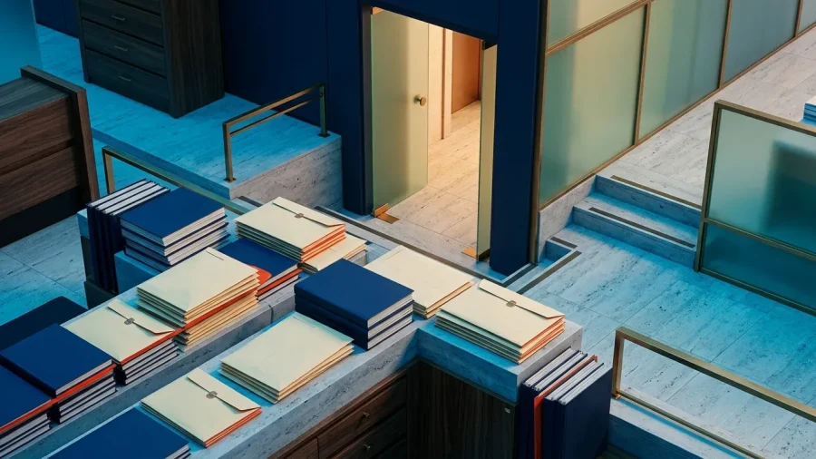 Pastas jurídicas azul-escuras e envelopes lacrados em camadas diante de uma passagem iluminada