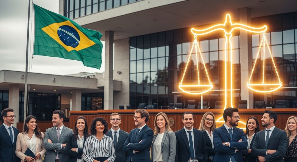 Imagem de um grupo diverso de candidatos a juiz, homens e mulheres de diferentes etnias, em frente a um tribunal moderno com a bandeira do Brasil. Ao lado, uma grande balança da justiça em destaque, simbolizando ética, justiça e inclusão.