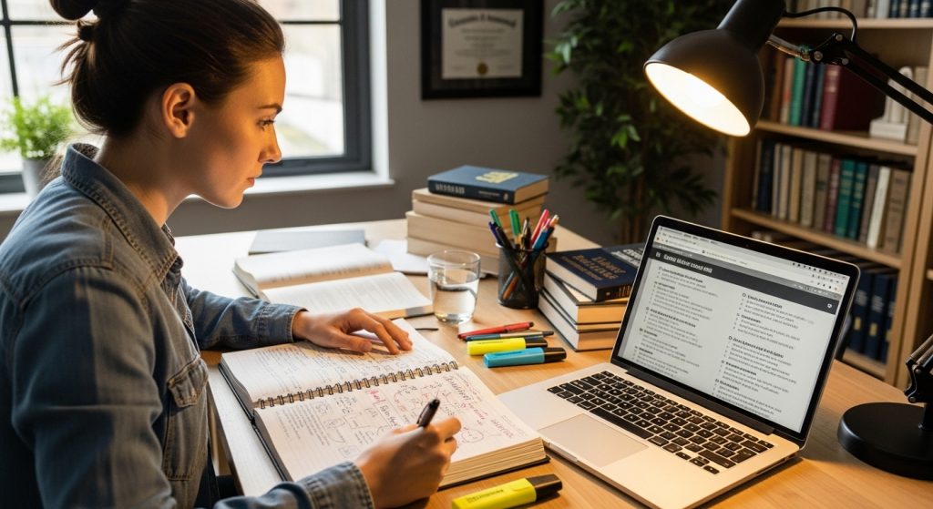 Estudante de direito se preparando para o ENAM em uma mesa de estudos organizada, com o caderno cheio de anotações coloridas e laptop exibindo questões jurídicas. Ambiente iluminado, com expressão de concentração e foco