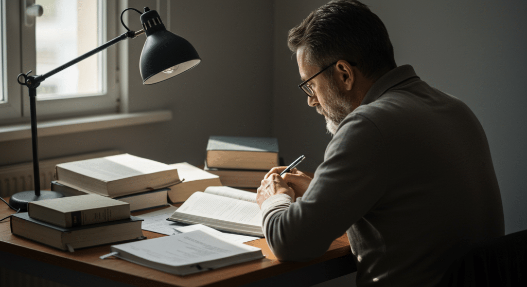 Homem estudando em uma mesa cheia de livros e materiais, a janela está aberta e uma luz suave invade a imagem.