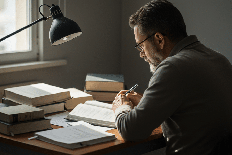 Homem estudando em uma mesa cheia de livros e materiais, a janela está aberta e uma luz suave invade a imagem.