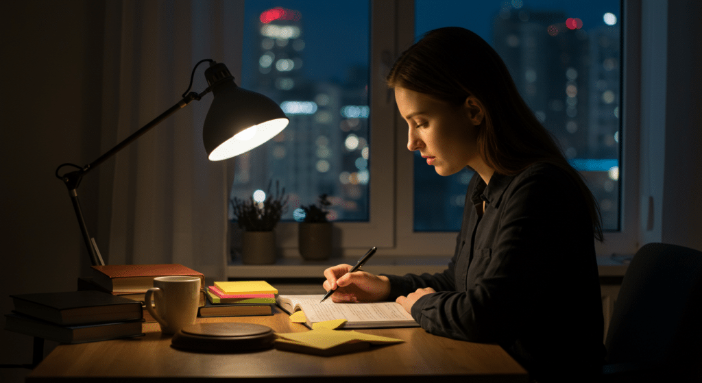 Pessoa estudando em um ambiente tranquilo à noite, com uma luminária iluminando livros e materiais de estudo em uma mesa organizada.