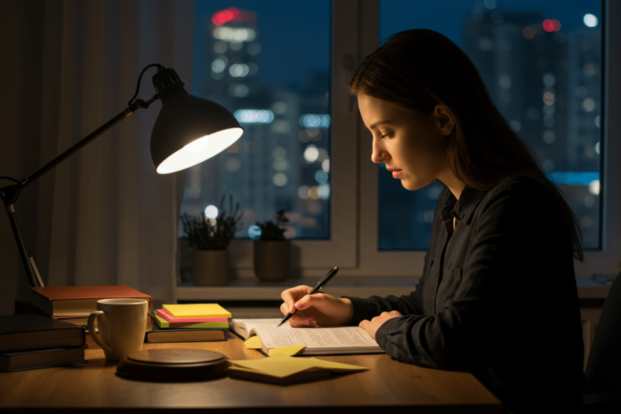 Pessoa estudando em um ambiente tranquilo à noite, com uma luminária iluminando livros e materiais de estudo em uma mesa organizada.