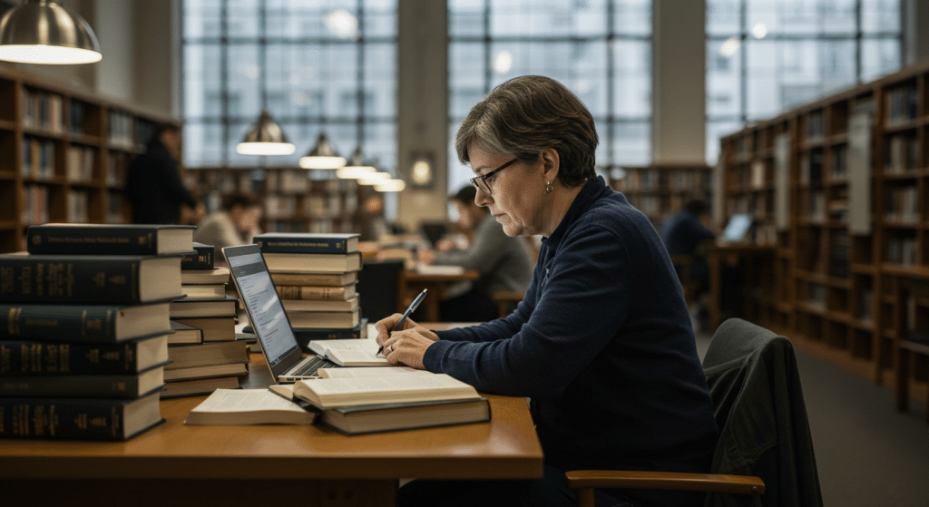 Uma mulher estudando em uma biblioteca cercada por livros empilhados e usando um laptop, concentrada na escrita e pesquisa em um ambiente iluminado e silencioso