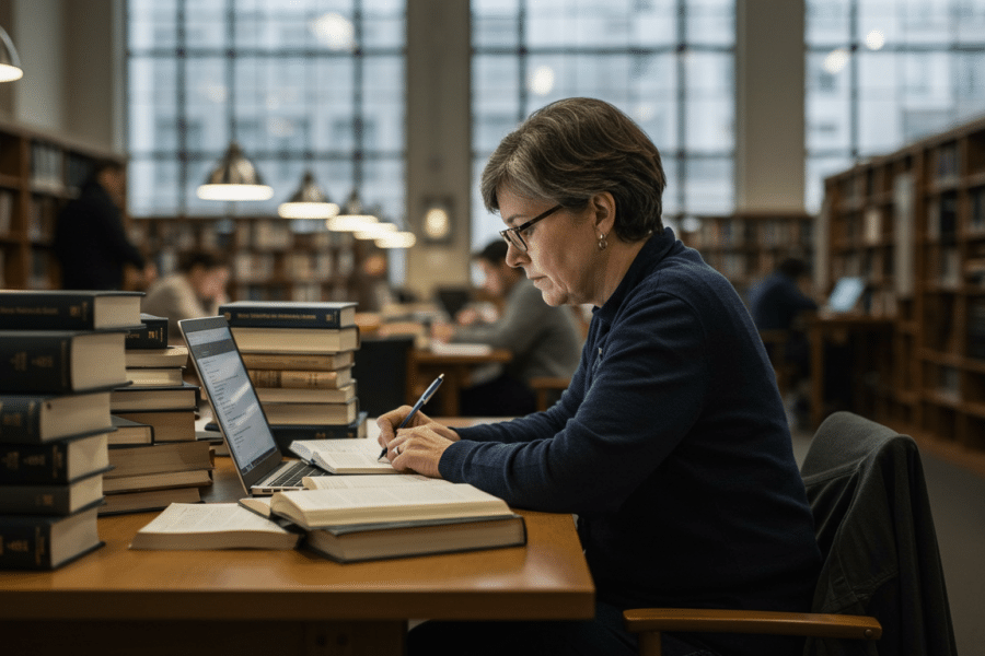 Uma mulher estudando em uma biblioteca cercada por livros empilhados e usando um laptop, concentrada na escrita e pesquisa em um ambiente iluminado e silencioso