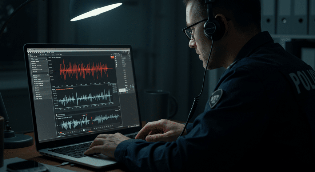 Imagem de um policial usando fones de ouvido enquanto analisa gráficos de ondas sonoras em um laptop, representando atividades de interceptação telefônica e telemática, tema abordado pela Lei 9.296/96.