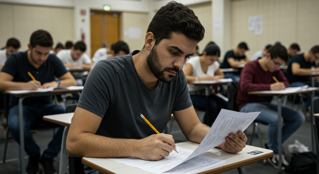 Pessoa realizando prova em sala de aula, segurando lápis e folha de respostas, com outros candidatos concentrados ao fundo, representando o ambiente de um exame organizado por banca examinadora.