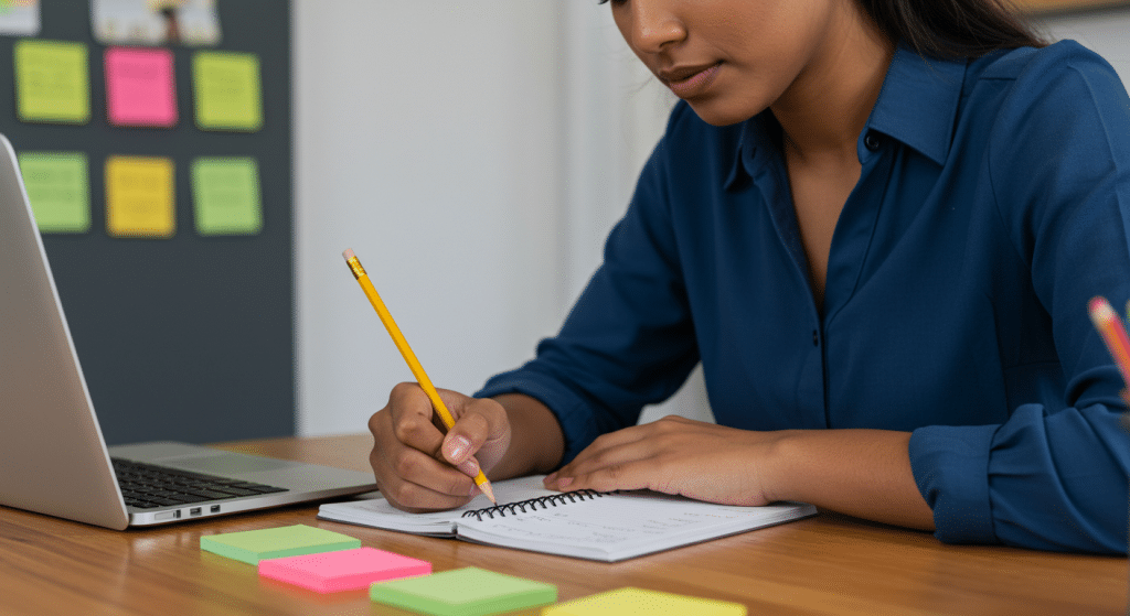 Pessoa estudando para concurso público, escrevendo em caderno enquanto utiliza notebook em ambiente de estudo organizado, com post-its coloridos na parede ao fundo.