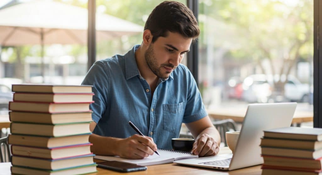 Homem sentado próximo a uma janela, ele está fazendo anotações em um caderno e com um notebook, na mesa estão diversos livros