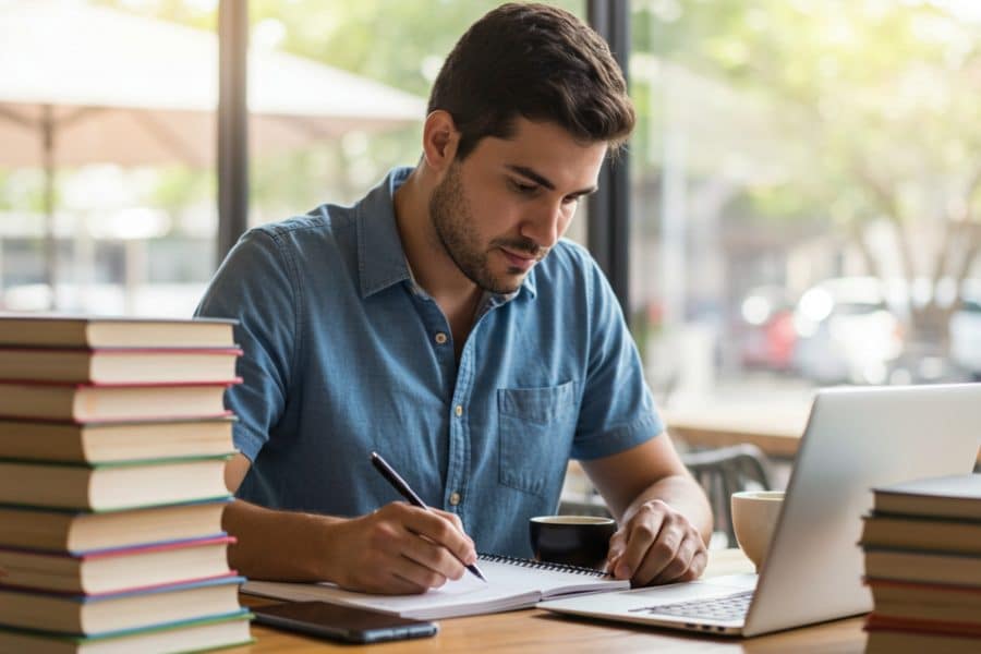 Homem sentado próximo a uma janela, ele está fazendo anotações em um caderno e com um notebook, na mesa estão diversos livros