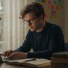 O ChatGPT disse: A imagem mostra um homem jovem, de óculos e expressão concentrada, estudando em um ambiente organizado e acolhedor. Ele está digitando em um notebook sobre uma mesa repleta de livros abertos, com uma luminária posicionada para auxiliar na leitura. Ao fundo, é possível ver uma estante cheia de livros e várias anotações coloridas coladas na parede, sugerindo uma intensa rotina de estudos, possivelmente voltada à área jurídica ou concursos públicos.