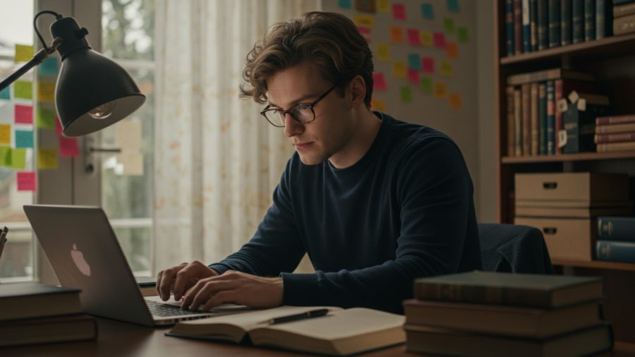 O ChatGPT disse: A imagem mostra um homem jovem, de óculos e expressão concentrada, estudando em um ambiente organizado e acolhedor. Ele está digitando em um notebook sobre uma mesa repleta de livros abertos, com uma luminária posicionada para auxiliar na leitura. Ao fundo, é possível ver uma estante cheia de livros e várias anotações coloridas coladas na parede, sugerindo uma intensa rotina de estudos, possivelmente voltada à área jurídica ou concursos públicos.