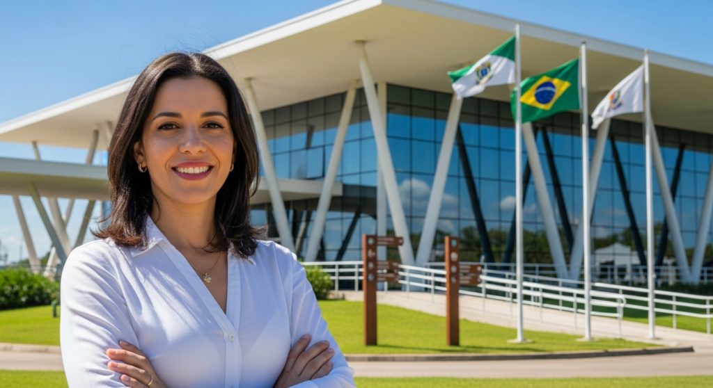 A imagem mostra uma mulher sorridente em primeiro plano, vestindo uma camisa branca e com os braços cruzados, posando ao ar livre. Ao fundo, vê-se um edifício moderno com uma fachada de vidro e várias bandeiras, incluindo a do Brasil. O ambiente transmite uma sensação de profissionalismo e confiança, e a mulher parece estar em um cenário institucional, possivelmente relacionado à administração pública ou a um espaço de governo. O céu está claro, refletindo uma atmosfera positiva e profissional.