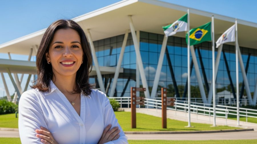 A imagem mostra uma mulher sorridente em primeiro plano, vestindo uma camisa branca e com os braços cruzados, posando ao ar livre. Ao fundo, vê-se um edifício moderno com uma fachada de vidro e várias bandeiras, incluindo a do Brasil. O ambiente transmite uma sensação de profissionalismo e confiança, e a mulher parece estar em um cenário institucional, possivelmente relacionado à administração pública ou a um espaço de governo. O céu está claro, refletindo uma atmosfera positiva e profissional.