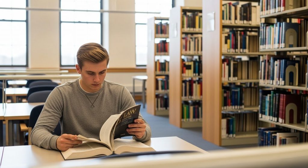 A imagem mostra um jovem concentrado lendo um livro grosso em uma biblioteca. Ele está sentado sozinho em uma mesa ampla, rodeado por estantes cheias de livros, a maioria deles técnicos ou acadêmicos. O livro que ele segura tem a palavra "LAW" (direito) na capa, indicando que o conteúdo é jurídico. O ambiente é bem iluminado, com janelas grandes ao fundo, e tem um clima calmo e organizado, ideal para estudo. A cena representa um momento de dedicação aos estudos, possivelmente de um estudante de Direito ou concurseiro se preparando para exames jurídicos.
