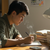 O ChatGPT disse: A imagem mostra um jovem concentrado estudando em uma mesa repleta de livros abertos e empilhados, sugerindo uma preparação intensa, possivelmente para concursos ou provas importantes. Ele escreve em um caderno enquanto uma xícara com bebida quente solta vapor ao lado, criando um ambiente acolhedor e focado. A luz natural entra pela janela e uma luminária direcionada reforça a atmosfera de estudo dedicado.