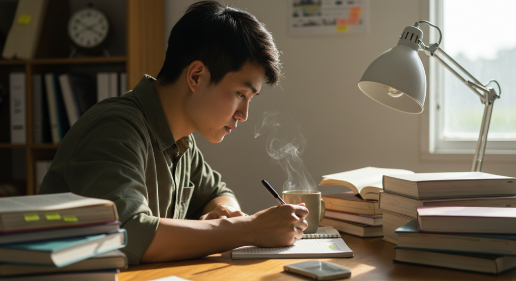 O ChatGPT disse: A imagem mostra um jovem concentrado estudando em uma mesa repleta de livros abertos e empilhados, sugerindo uma preparação intensa, possivelmente para concursos ou provas importantes. Ele escreve em um caderno enquanto uma xícara com bebida quente solta vapor ao lado, criando um ambiente acolhedor e focado. A luz natural entra pela janela e uma luminária direcionada reforça a atmosfera de estudo dedicado.