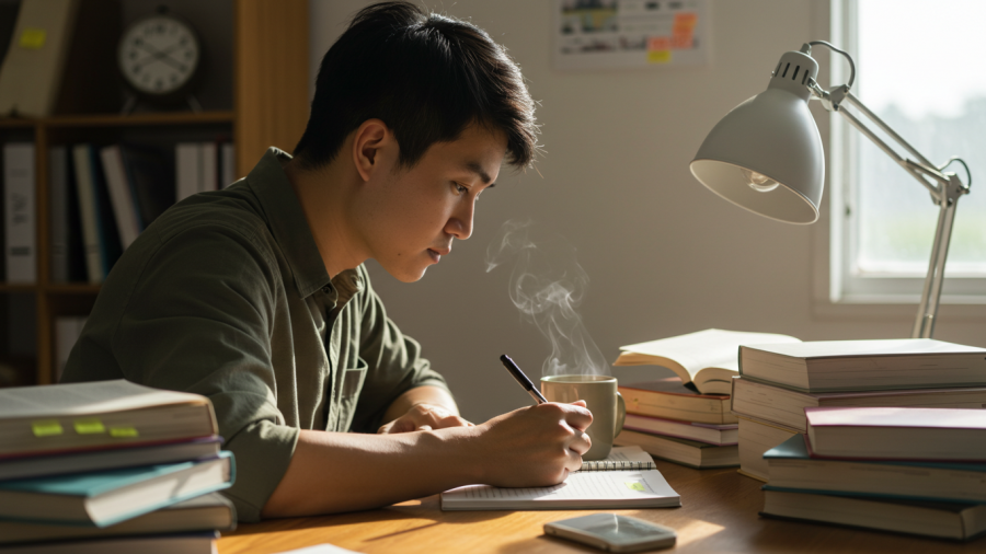 O ChatGPT disse: A imagem mostra um jovem concentrado estudando em uma mesa repleta de livros abertos e empilhados, sugerindo uma preparação intensa, possivelmente para concursos ou provas importantes. Ele escreve em um caderno enquanto uma xícara com bebida quente solta vapor ao lado, criando um ambiente acolhedor e focado. A luz natural entra pela janela e uma luminária direcionada reforça a atmosfera de estudo dedicado.
